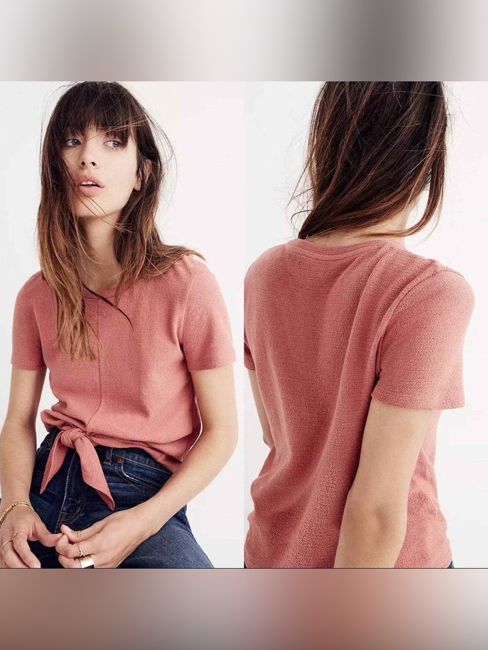 Madewell Tie Front Texture Knit Tee XS Dusty Rose Pink